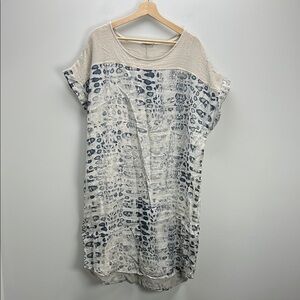 Lungo L’arno Linen Tunic Dress Abstract Made In Italy Blue Cream 1X Lagenlook